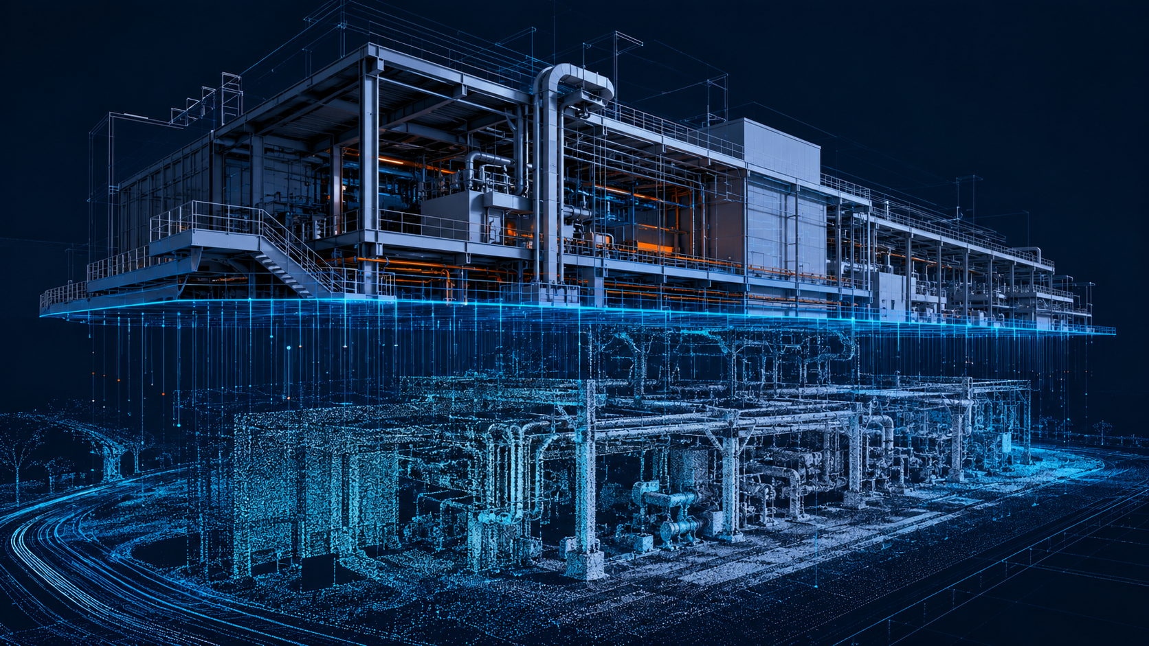 Concept BIM industriale con passaggio da rilievo a modello digitale