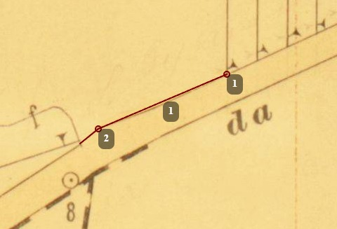 Dettaglio di mappa catastale con linea e punti di verifica